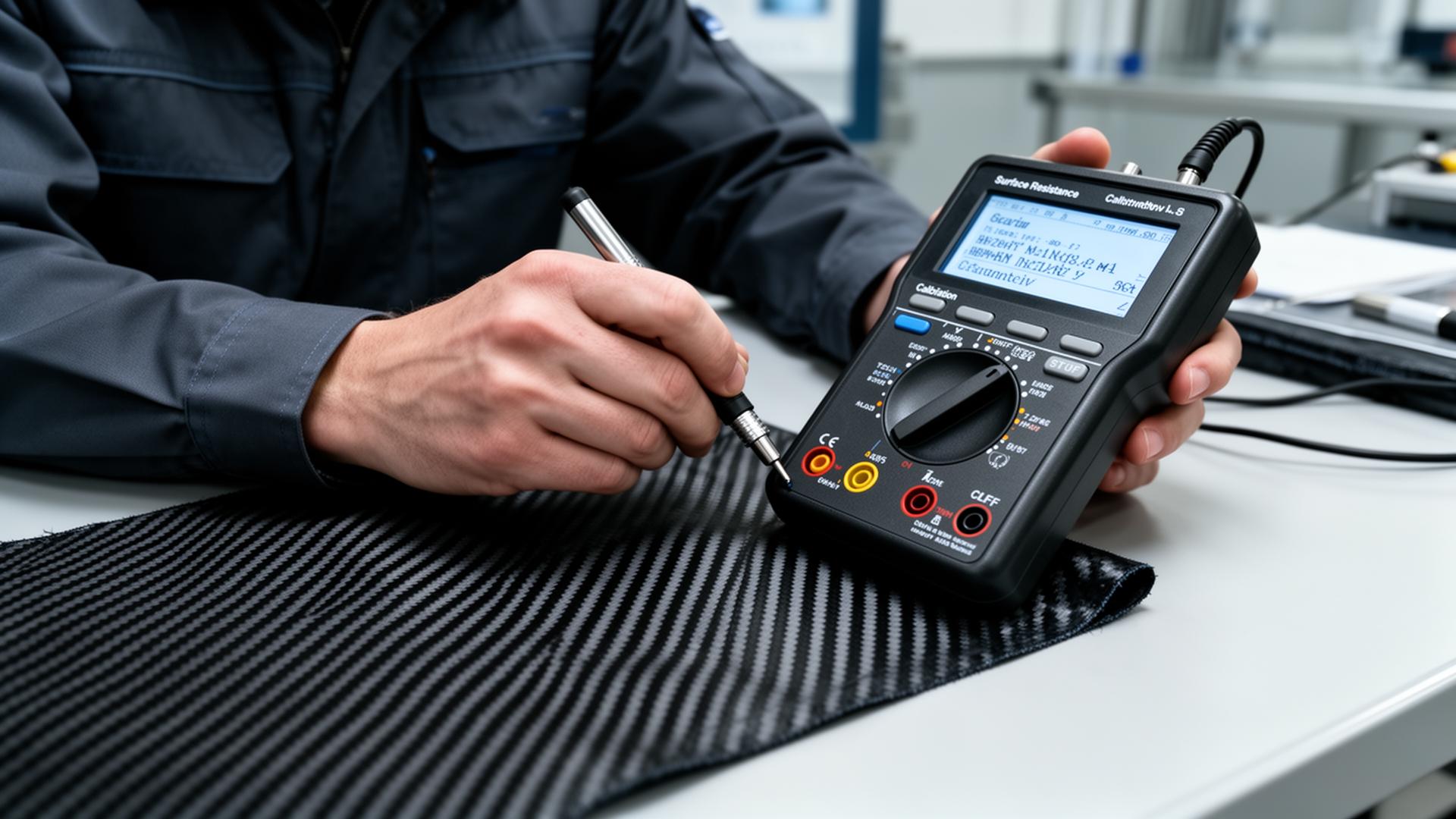 Qualitätsprüfung des Oberflächenwiderstands eines ESD-Stoffes mit Messgerät