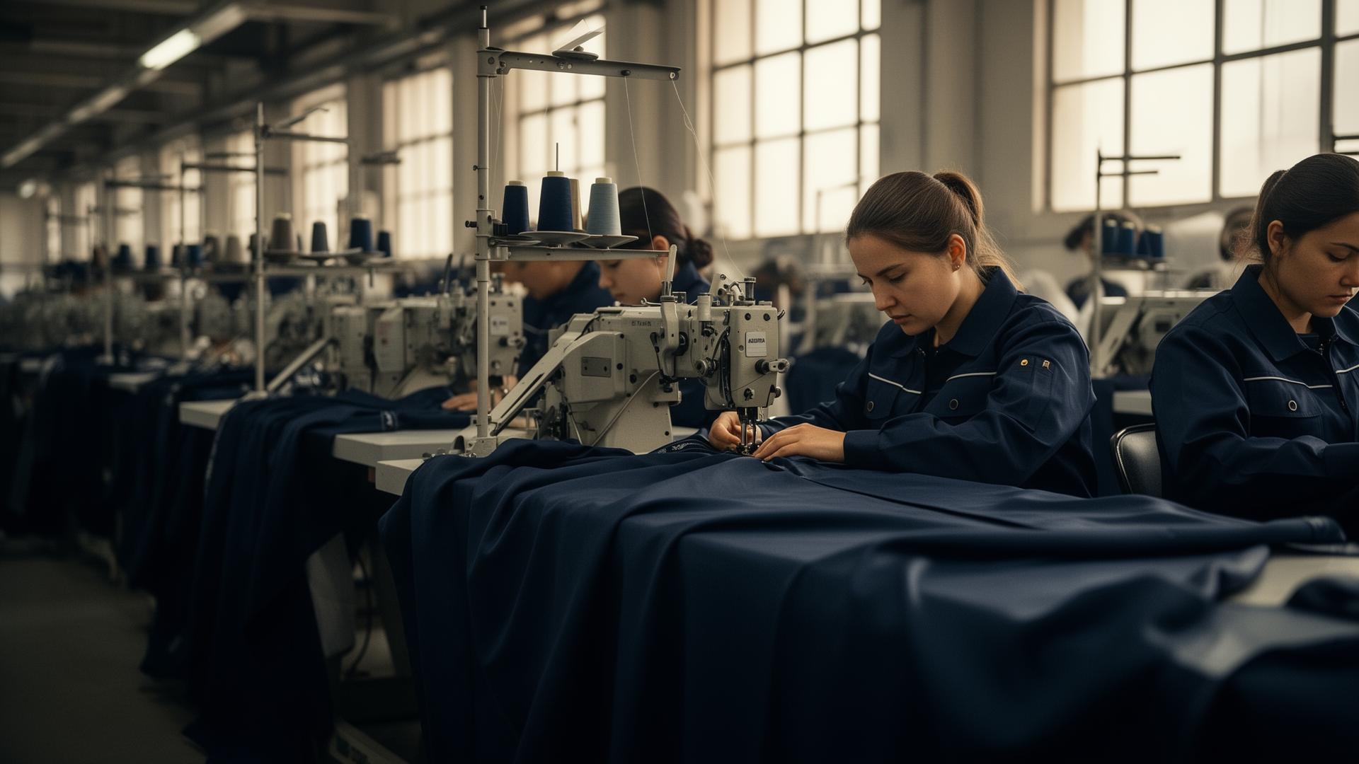 Konfektion von ESD-Stoffen an industriellen Nähmaschinen in der Mimoza-Produktion